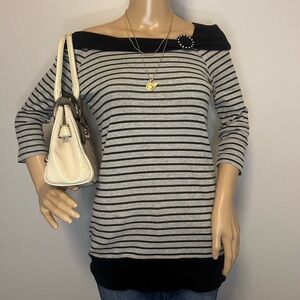 Striped Y2K 2000s Black and Gray Off-Shoulder Sweater